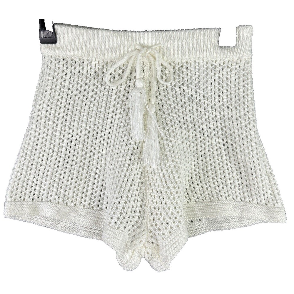 Madden‎ NYC Small White Open Knit Sweater Shorts Cover Up Boho Festival Beach